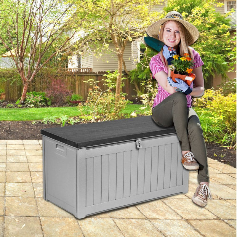 Outdoor 190L Lockable Weatherproof Garden Tools Storage Box Bench Grey and Black