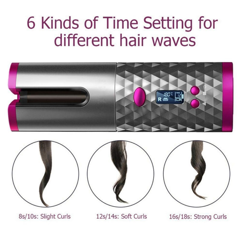 LCD Auto Cordless Ceramic Rotating Hair Curler Wireless Waver - USB Rechargeable