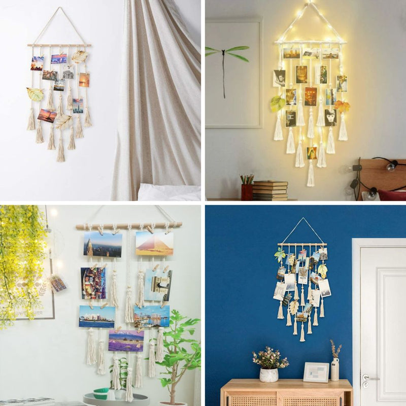 Hanging Photo Display Macramé Wall Decor with Light - Battery Powered