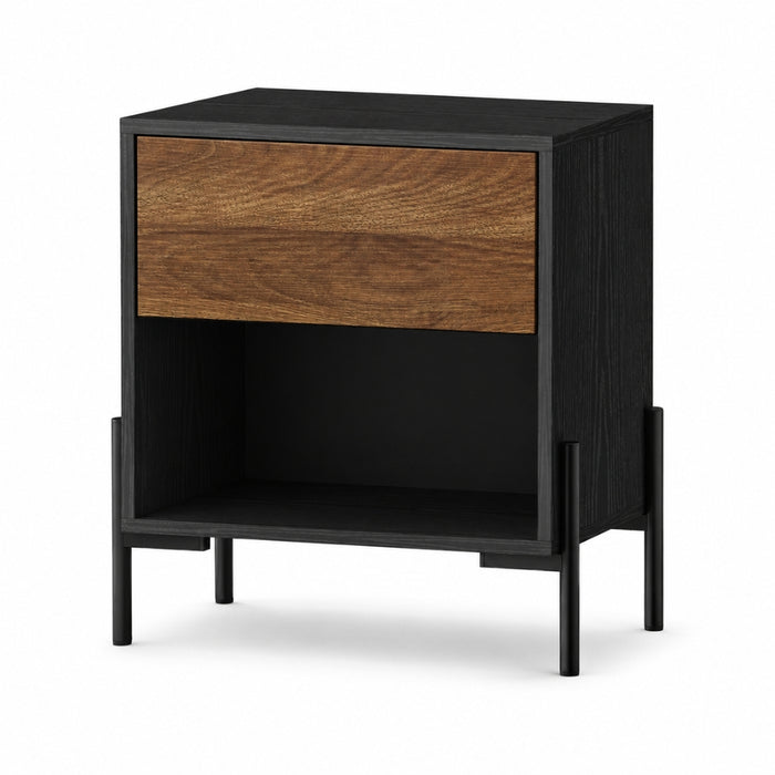 Bedside Table Nightstand with Drawer and Storage - Walnut and Black