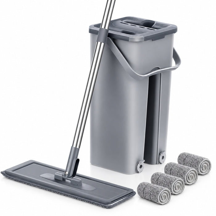 Hands Free Flat Floor Mop and Bucket System with Reusable Microfiber Pads