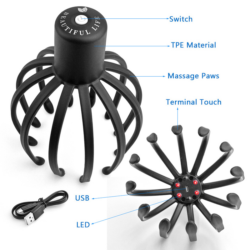 USB Rechargeable 360 Degree Electric Octopus Claw Head and Scalp Massager