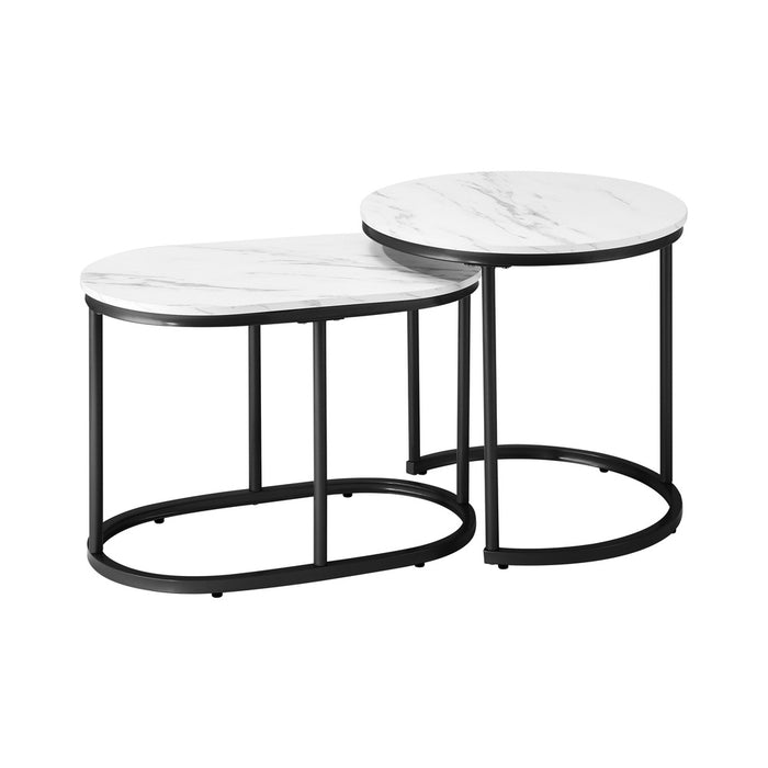 Set of 2 Black Marble Look Round and Oval Nesting Coffee Tables