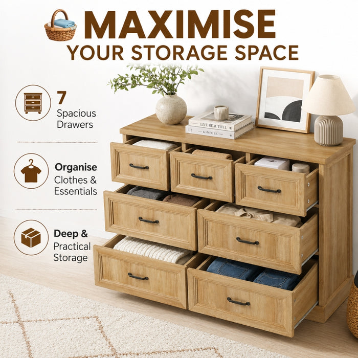 Natural Tallboy Bedside Dresser with 7 Drawers Storage - Natural