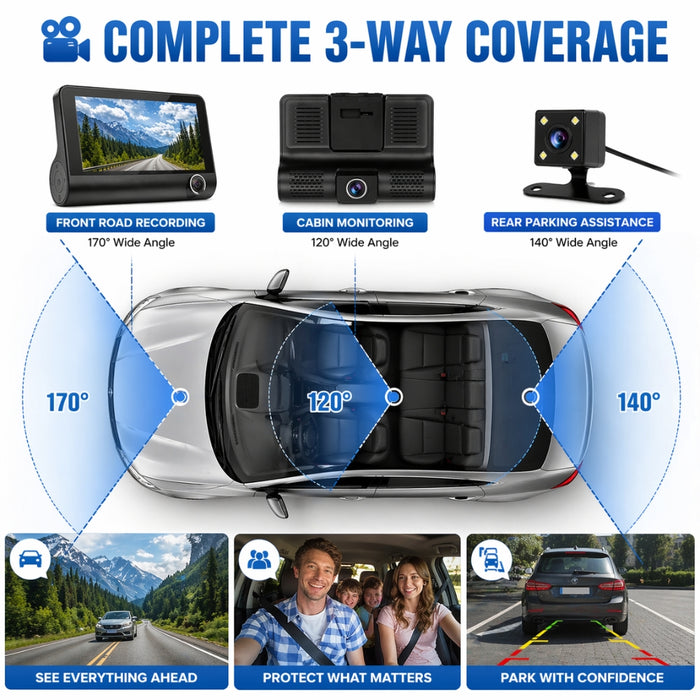 Full HD Front Rear & Interior Three Lens Car Dashboard Camera