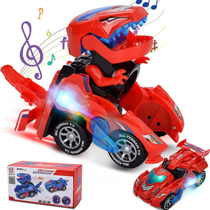 Automatic Transforming Dinosaur Toy Car with LED Lights and Music - Battery Operated