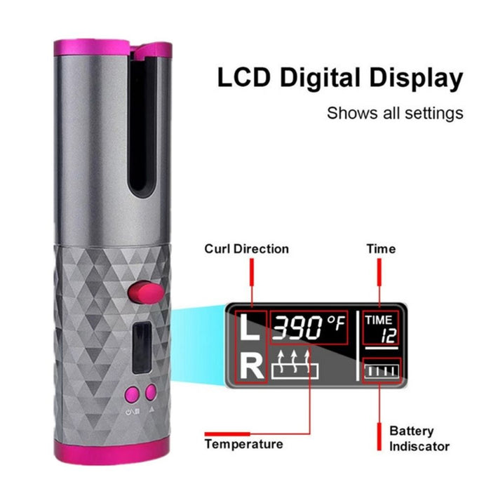 LCD Auto Cordless Ceramic Rotating Hair Curler Wireless Waver - USB Rechargeable