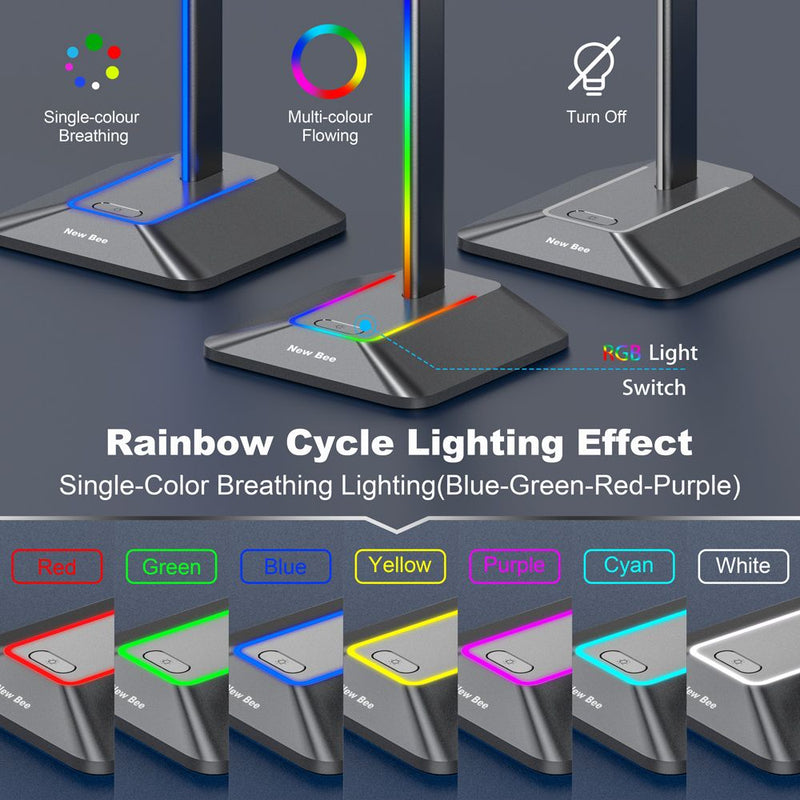 RGB Headphones Stand with 7 Light Modes and 1 USB-C Charging port and 1 USB Charging Port
