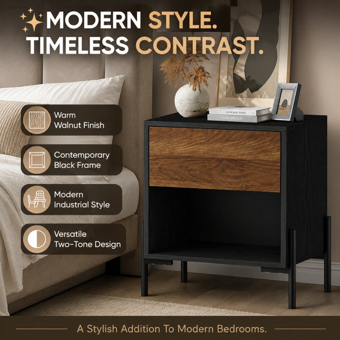 Bedside Table Nightstand with Drawer and Storage - Walnut and Black