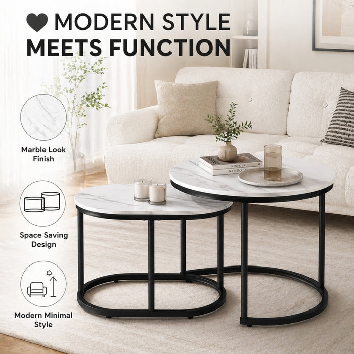 Set of 2 Black White Marble Look Round and Oval Nesting Coffee Tables