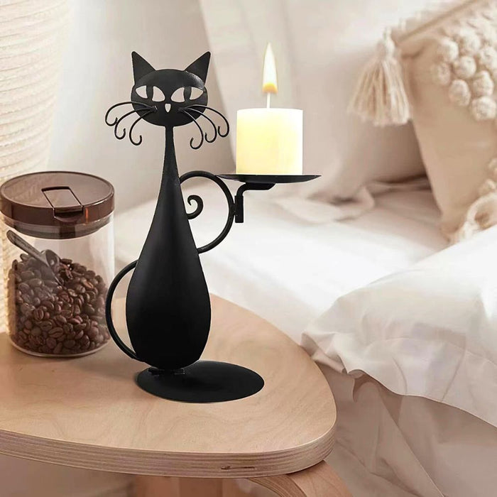 Rustic Metal Black Cat Shape Candle Holder
