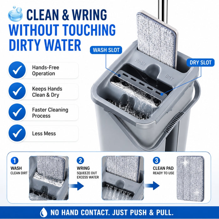 Hands Free Flat Floor Mop and Bucket System with Reusable Microfiber Pads