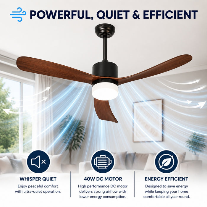 52 Inch 5 Speed Ceiling Fan with LED Light and Remote Control - Walnut