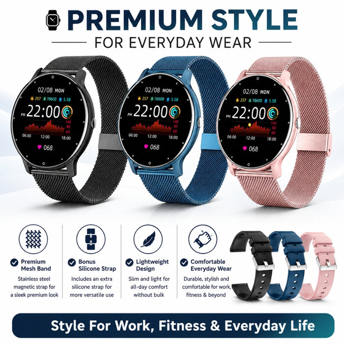 Android and iOS AeroFit Pro Smart Fitness Watch with Stainless Steel Band