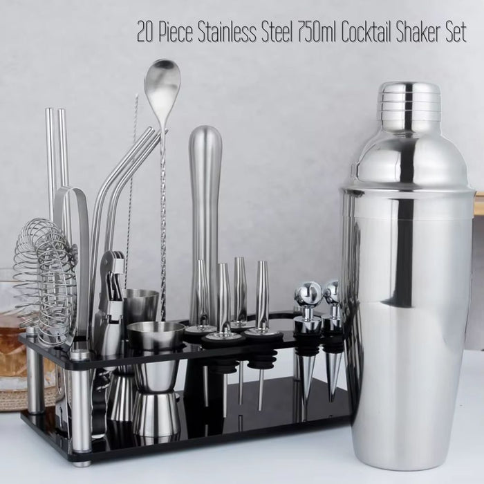 20 Piece Stainless Steel 750ml Cocktail Shaker Set with Stand