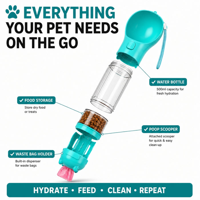 Multifunctional Outdoor Travel Pet Feeder Bottle and Poop Scooper Bag Dispenser