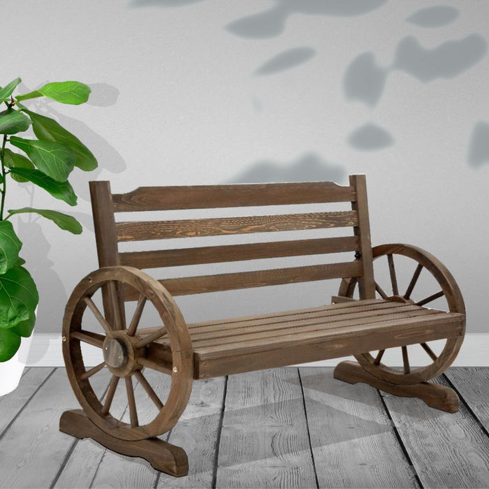 Outdoor Country Period Style Wooden Wagon Wheel Bench - 2 Seat Brown