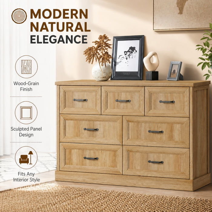 Natural Tallboy Bedside Dresser with 7 Drawers Storage - Natural
