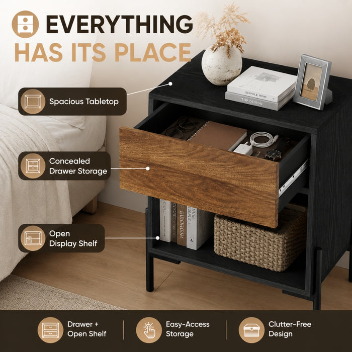 Bedside Table Nightstand with Drawer and Storage - Walnut and Black