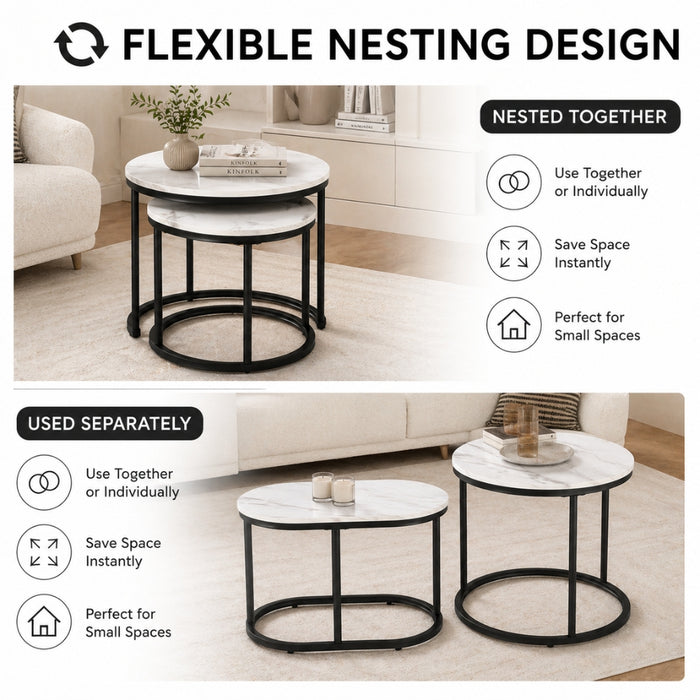 Set of 2 Black White Marble Look Round and Oval Nesting Coffee Tables