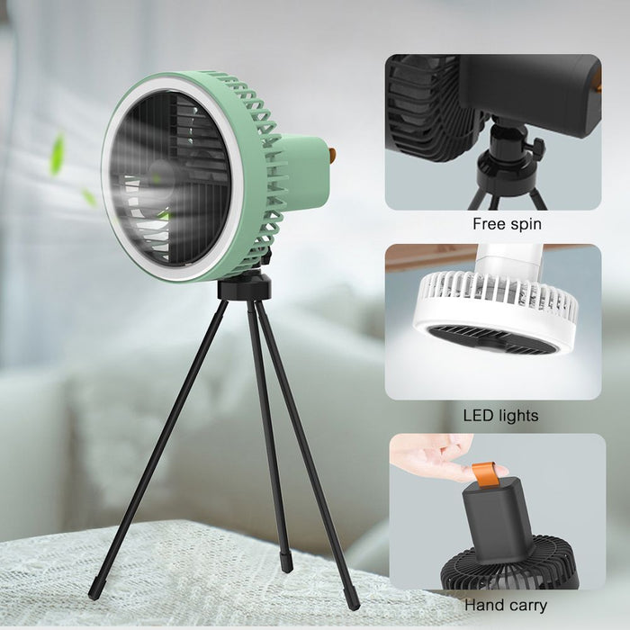 Portable Tripod or Hanging Desk Fan with LED Night Light- USB Rechargeable