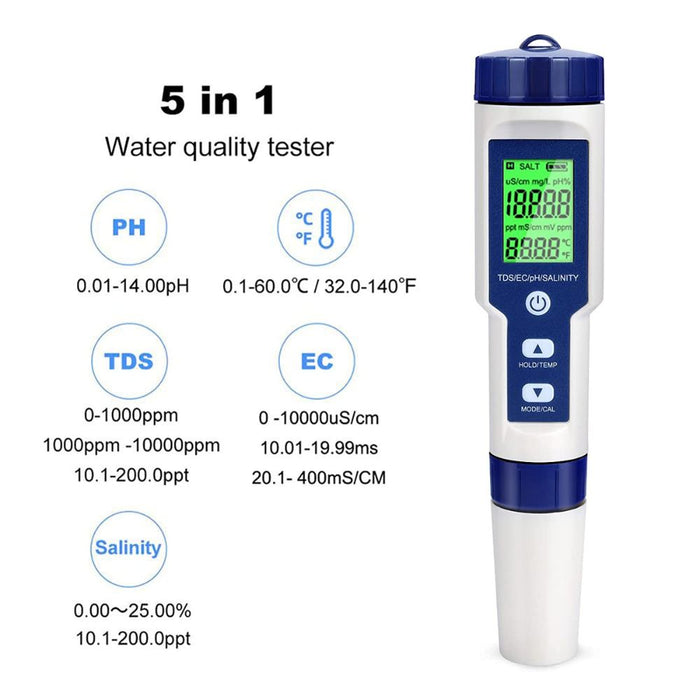 5 in 1 High Accuracy Digital pH Tester for Water Battery Powered