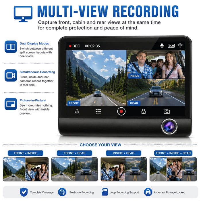 Full HD Front Rear & Interior Three Lens Car Dashboard Camera
