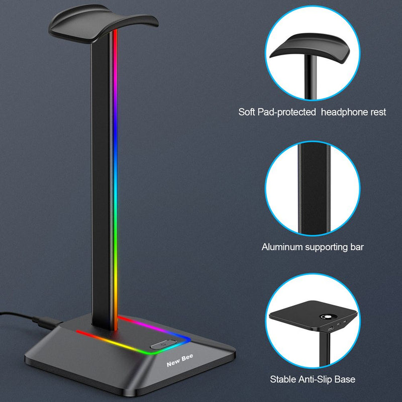 RGB Headphones Stand with 7 Light Modes and 1 USB-C Charging port and 1 USB Charging Port