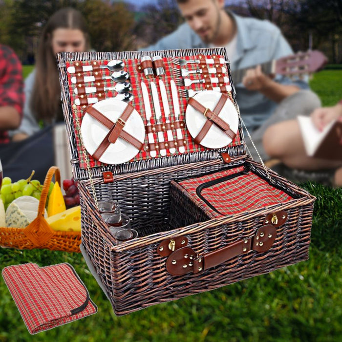 4 Person Picnic Basket Baskets Red Handle Outdoor Corporate Blanket Park