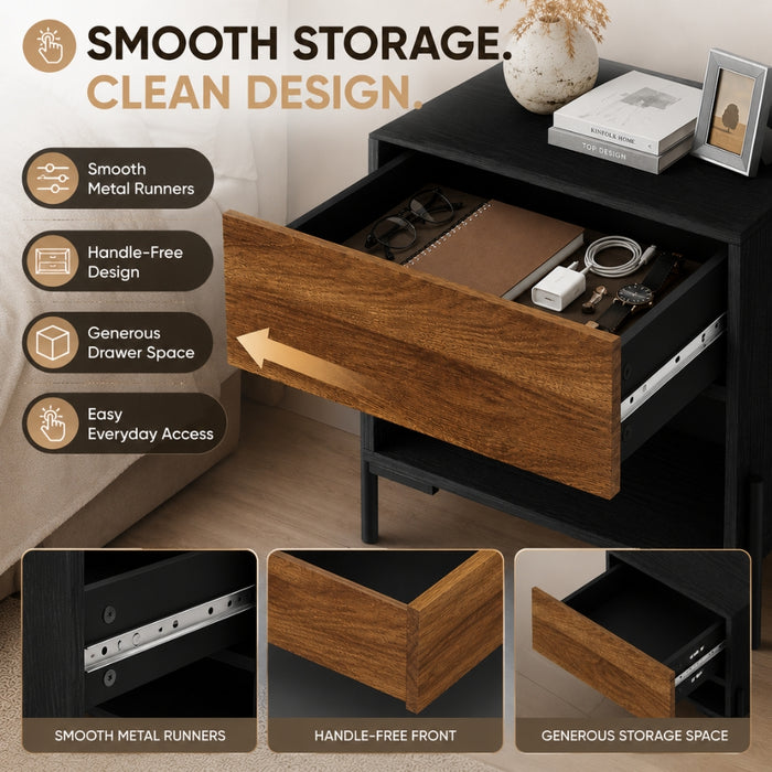 Bedside Table Nightstand with Drawer and Storage - Walnut and Black