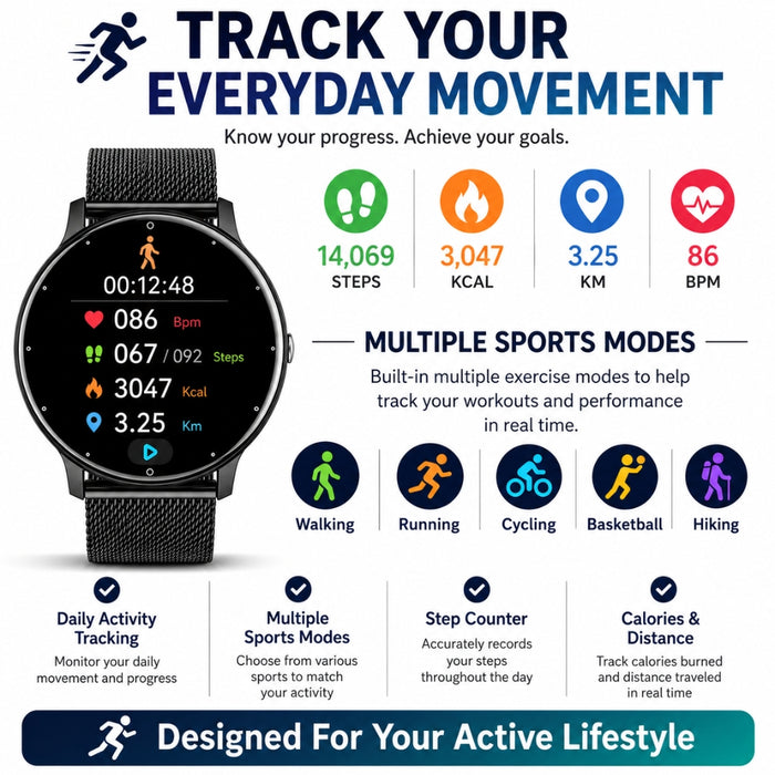 Android and iOS AeroFit Pro Smart Fitness Watch with Stainless Steel Band