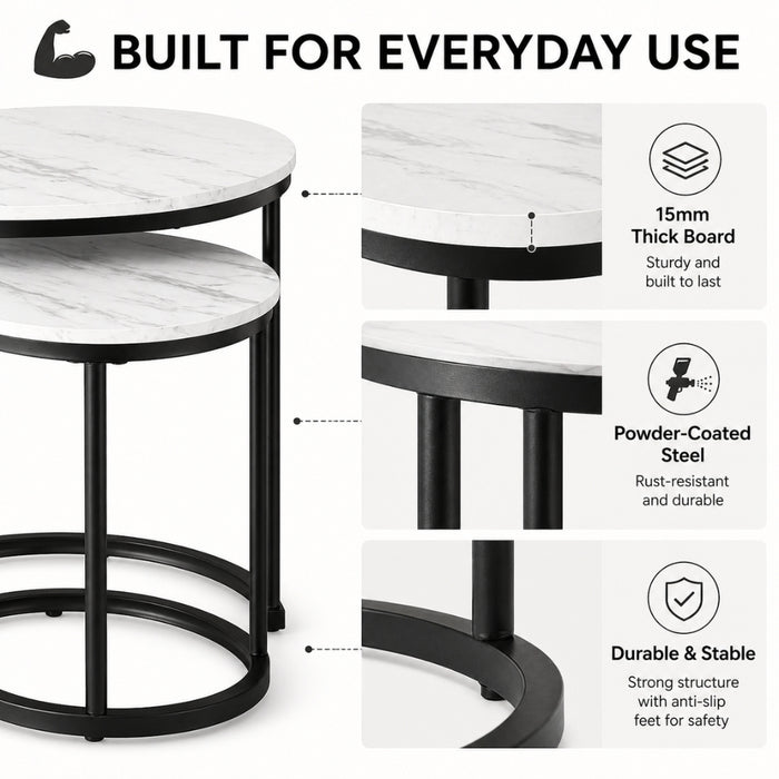 Set of 2 Black White Marble Look Round and Oval Nesting Coffee Tables
