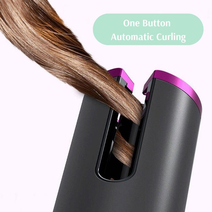 LCD Auto Cordless Ceramic Rotating Hair Curler Wireless Waver - USB Rechargeable