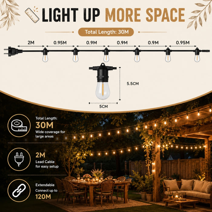 30M Waterproof LED Festoon String Lights