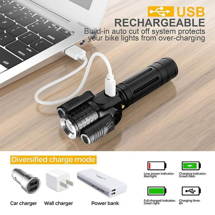 USB Rechargeable LED Three Lamp Head Portable Flash Light
