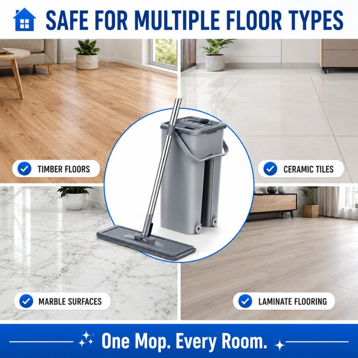 Hands Free Flat Floor Mop and Bucket System with Reusable Microfiber Pads