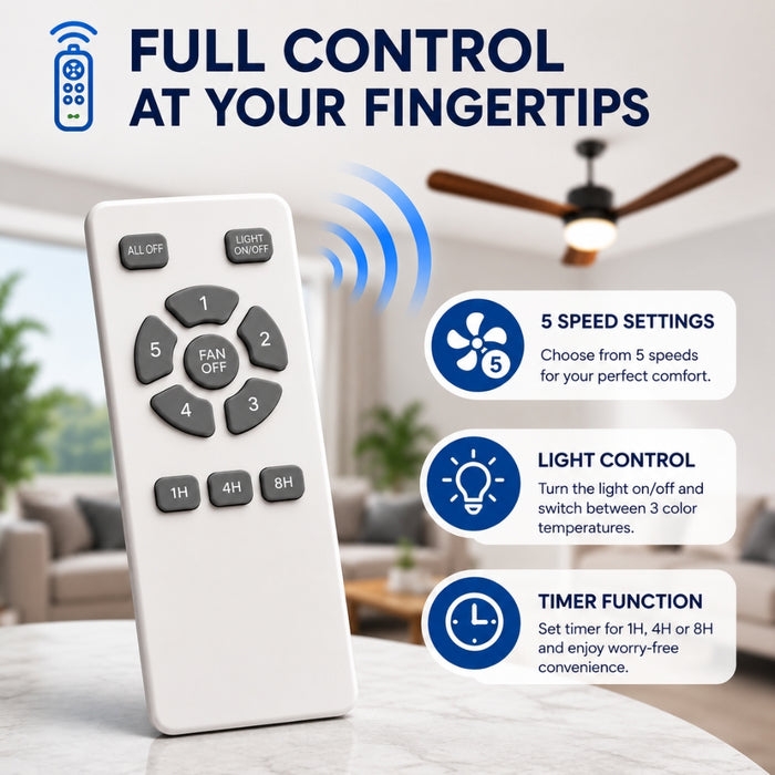 52 Inch 5 Speed Ceiling Fan with LED Light and Remote Control - Walnut