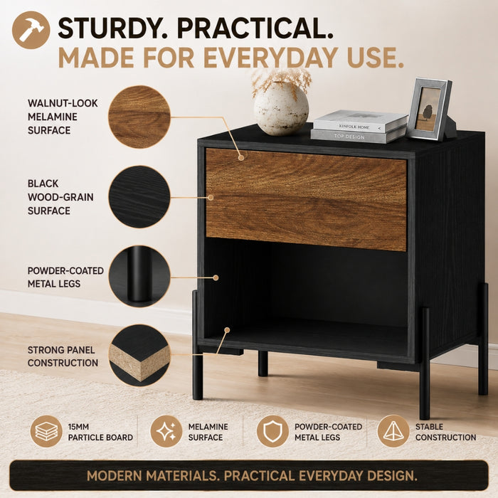 Bedside Table Nightstand with Drawer and Storage - Walnut and Black