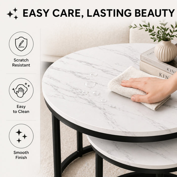 Set of 2 Black White Marble Look Round and Oval Nesting Coffee Tables
