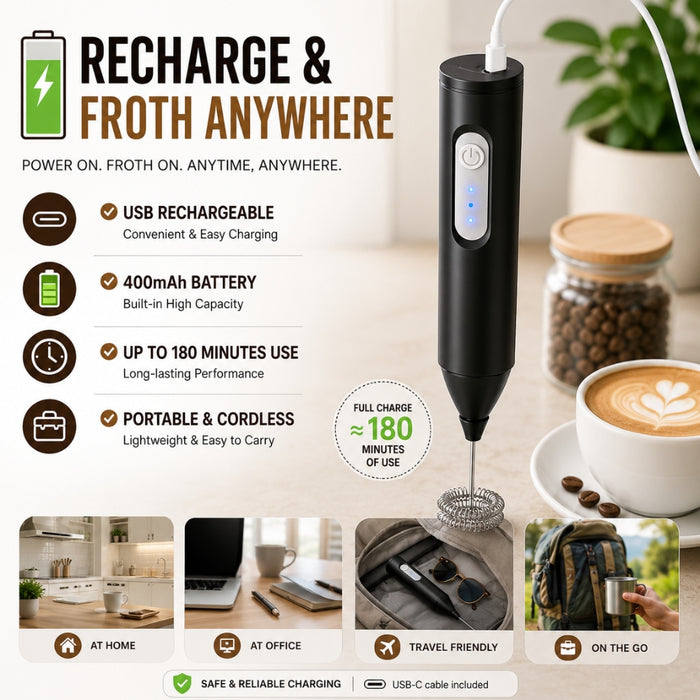 3-Speed USB Rechargeable Electric Milk Frother & Egg Beater