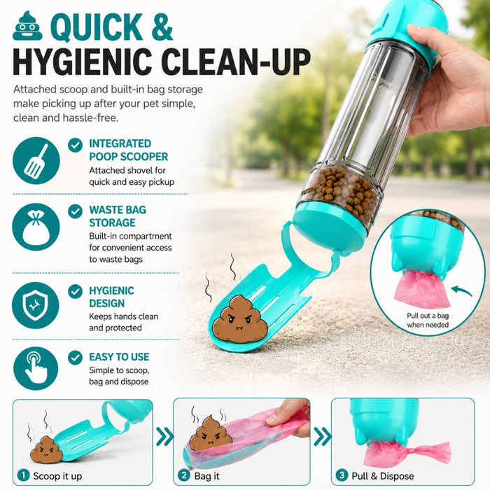 Multifunctional Outdoor Travel Pet Feeder Bottle and Poop Scooper Bag Dispenser