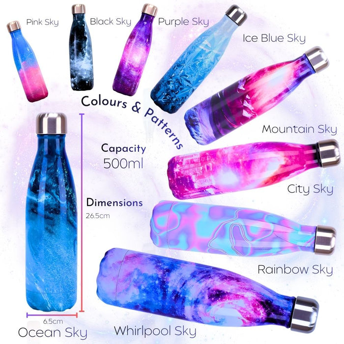Insulated Stainless Steel 500ml Water Bottle - Sky Patterns