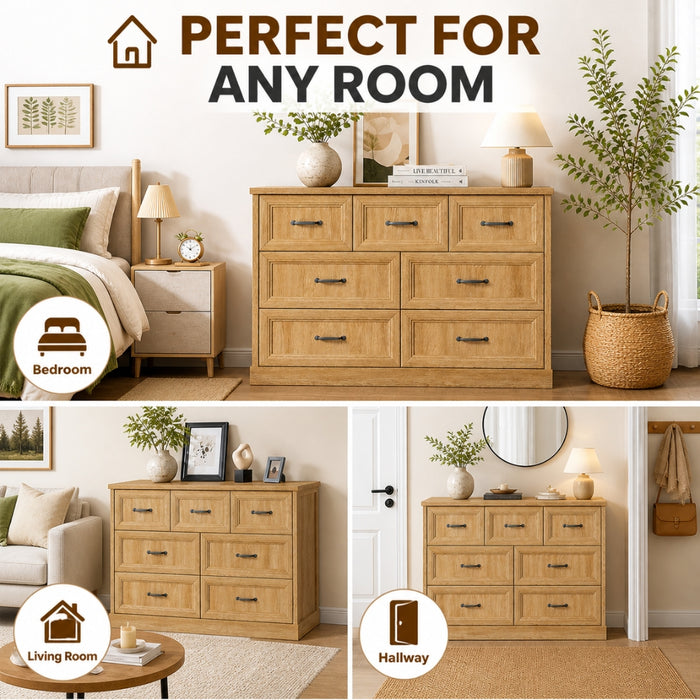Natural Tallboy Bedside Dresser with 7 Drawers Storage - Natural