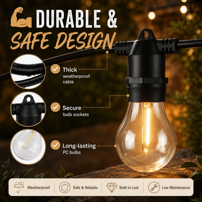 20M Outdoor Solar LED Festoon String Lights