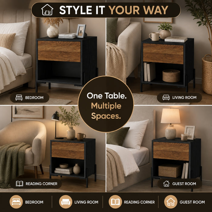 Bedside Table Nightstand with Drawer and Storage - Walnut and Black
