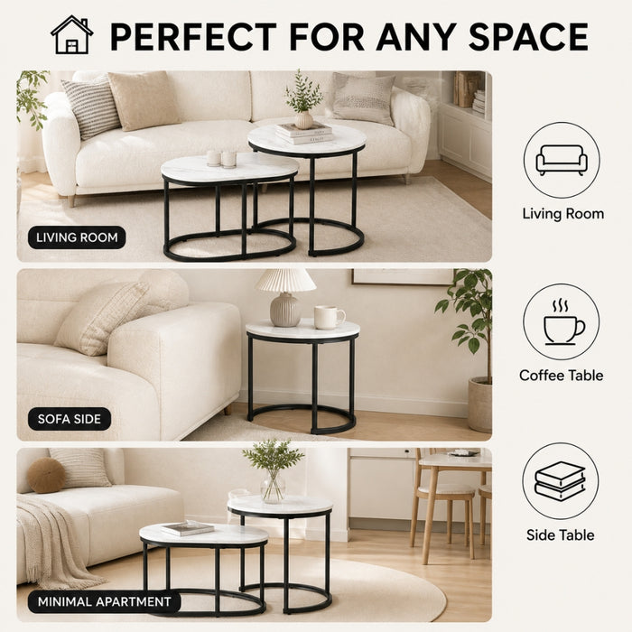 Set of 2 Black White Marble Look Round and Oval Nesting Coffee Tables