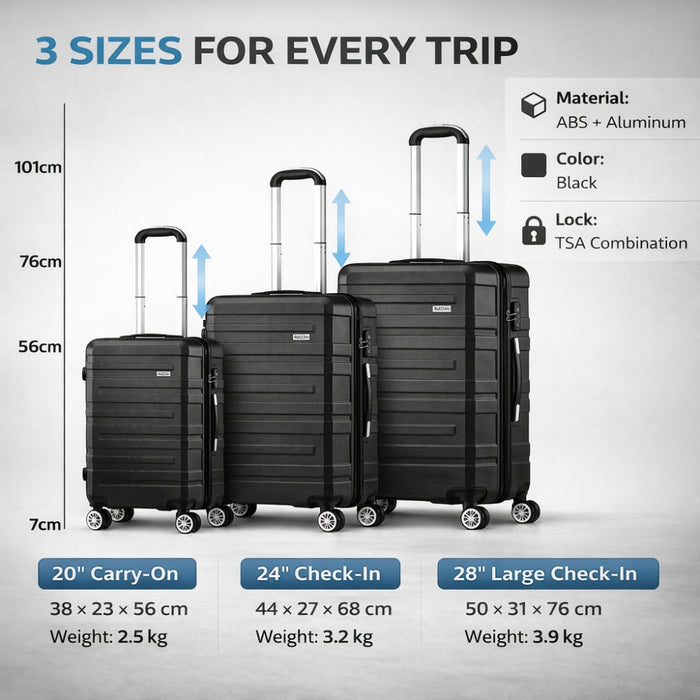 3pcs Hard Case TSA Lock Luggage Set - Black