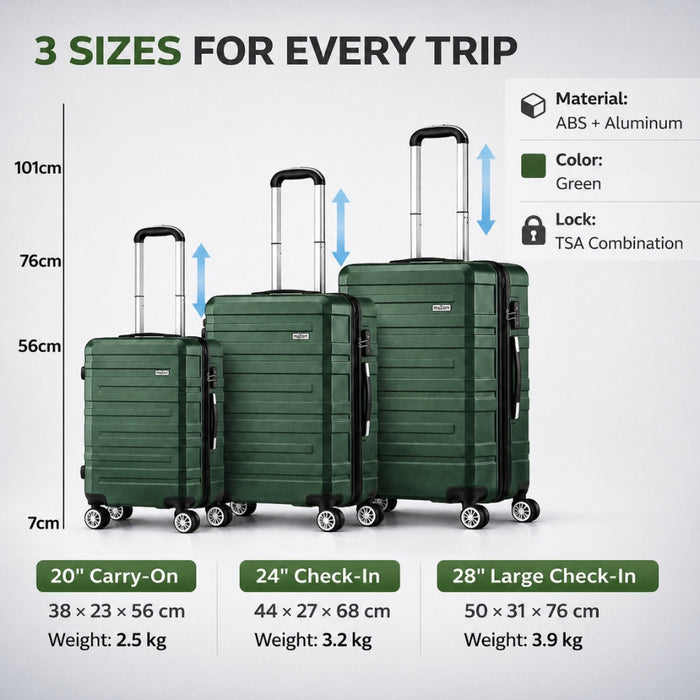 3pcs Hard Case TSA Lock Luggage Set - Green