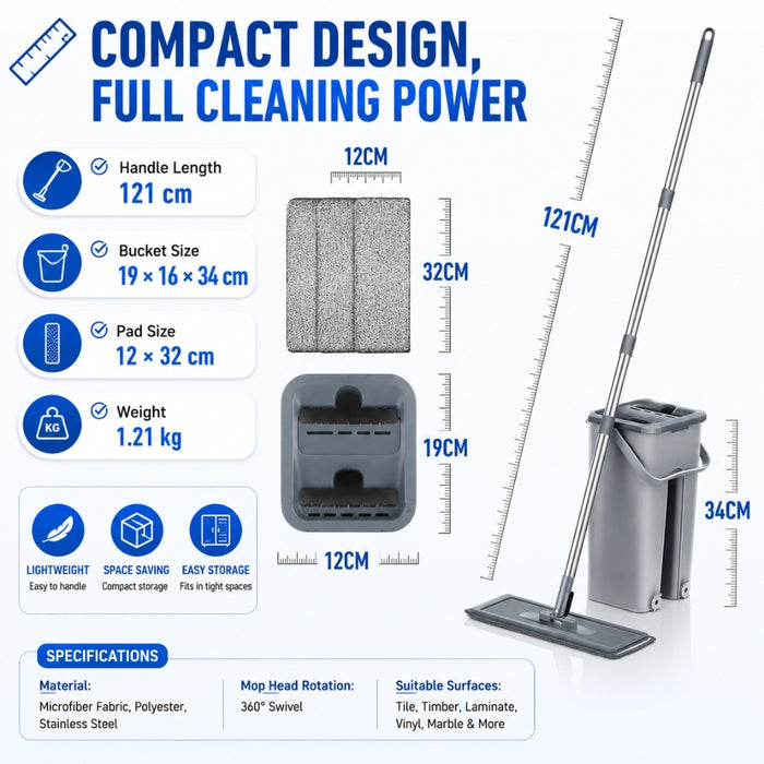 Hands Free Flat Floor Mop and Bucket System with Reusable Microfiber Pads