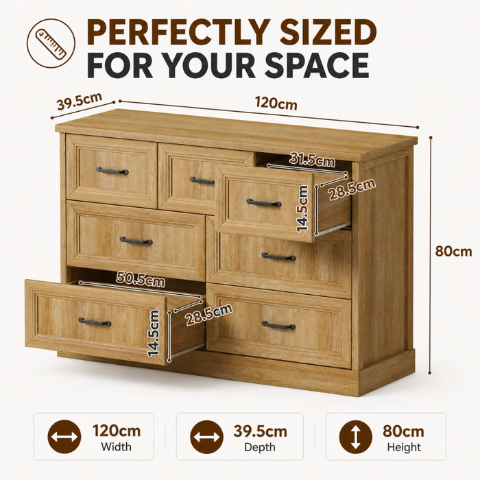 Natural Tallboy Bedside Dresser with 7 Drawers Storage - Natural